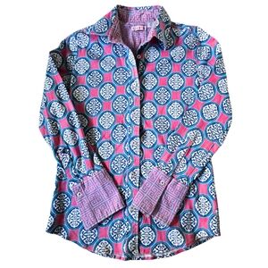 TIZZIE Medallion Print Button Down Blouse Collared Contrast Cuffs Size Small